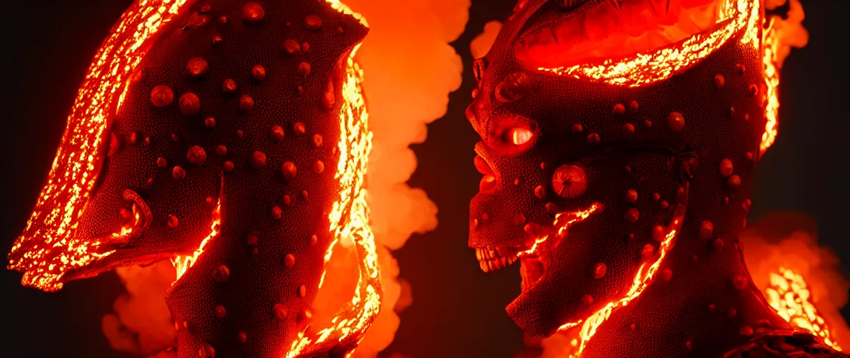 Image similar to hyperrealist highly detailed english medieval portrait of high fashion monster wearing flame fire smoke flame armor, radiating atomic neon corals, concept art pascal blanche dramatic studio lighting 8k wide angle shallow depth of field