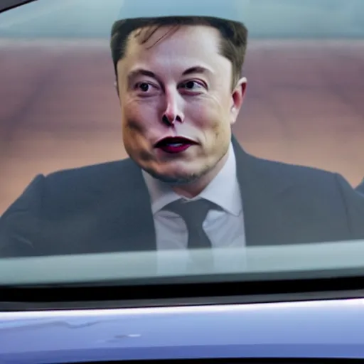 Prompt: Elon Musk driving a Rivian, Elon Musk Face seen through windshield