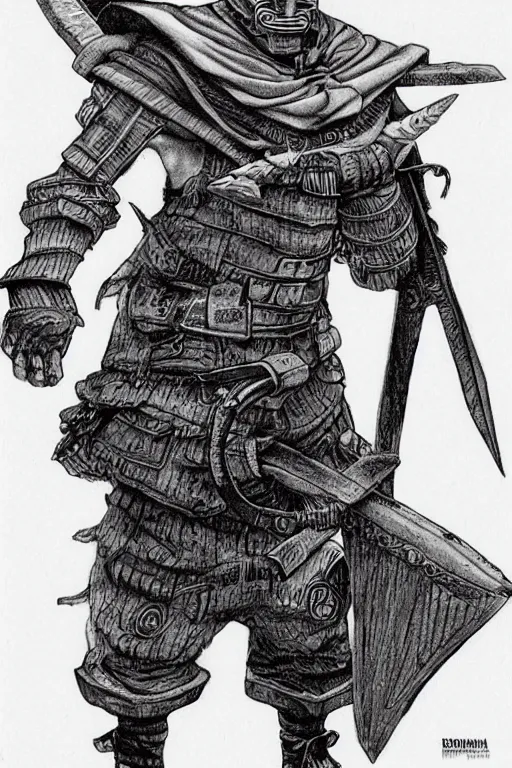 Prompt: gopnik man warrior, artwork by Kentaro Miura