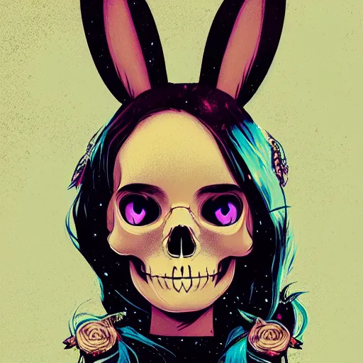 Prompt: portrait skull girl bunny disney by petros afshar, tom whalen, laurie greasley, mucha, war face by greg rutkowski