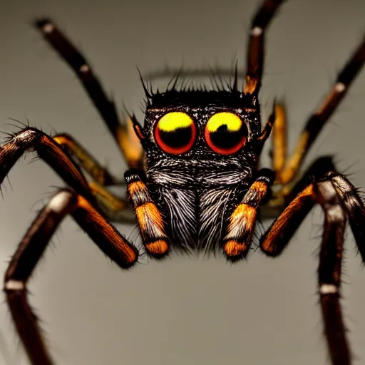 Prompt: a spider that has only one eye, camera reflection on spider's eye visible, background white, 4K, close-up shoot