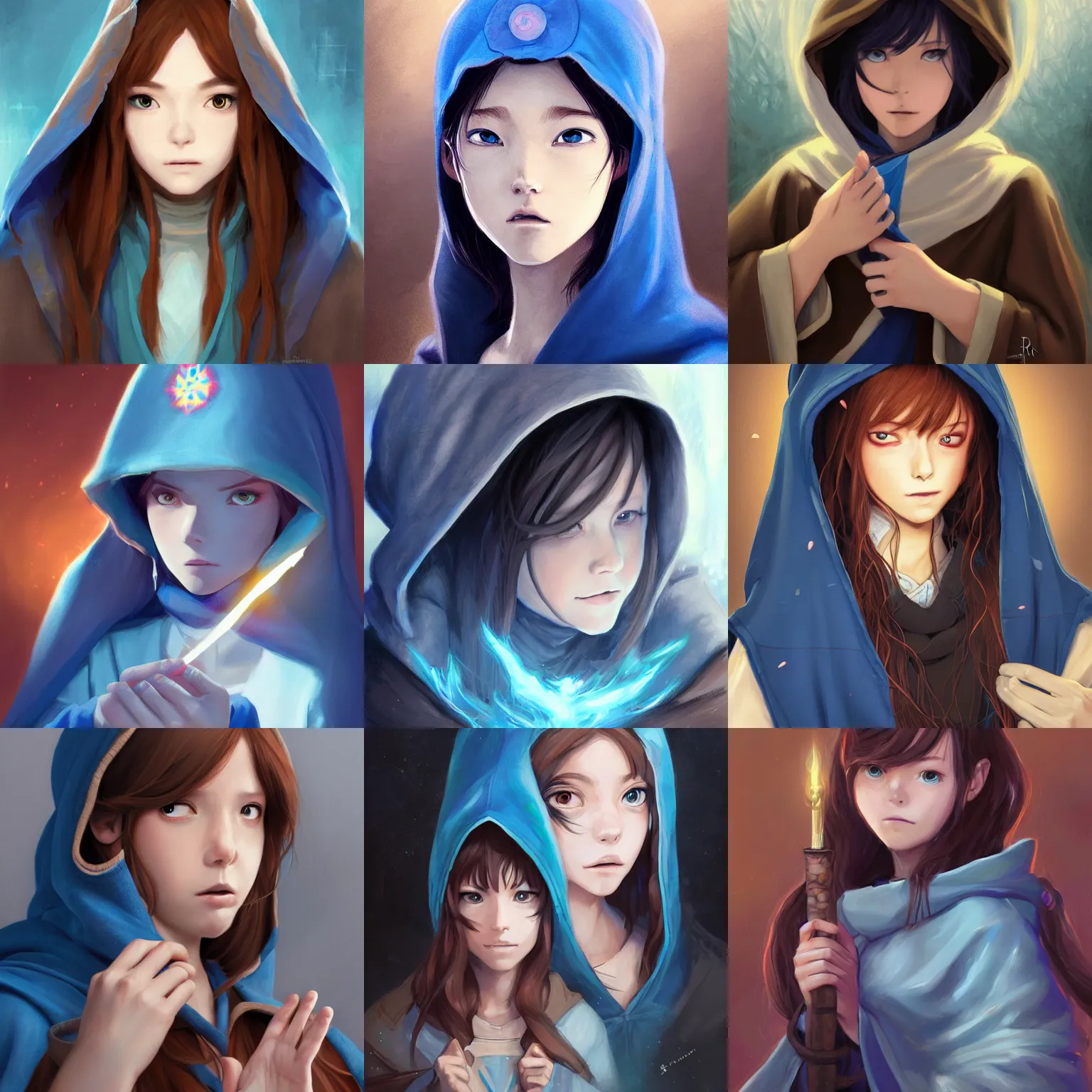 Prompt: portrait of a female wizard with a horrified expression, brown hair wearing a blue hood and blue robe, half body, ambient lighting, highly detailed, digital painting, trending on pixiv fanbox, studio ghibli, extremely high quality artwork, art by ross tran and artgerm and makoto shinkai