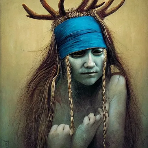 Image similar to A young female shaman blindfolded with a decorated headband like heilung, blue hair and antlers on her head, made by Esao Andrews and Karol Bak and Zdzislaw Beksinski