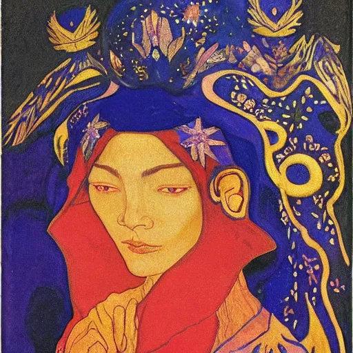 Image similar to the night crown, by Annie Swynnerton and Nicholas Roerich and Diego Rivera, embroidered robes, starry tattoos, elaborate costume, geometric ornament, symbolist, soft colors, dramatic lighting, smooth, sharp focus, extremely detailed