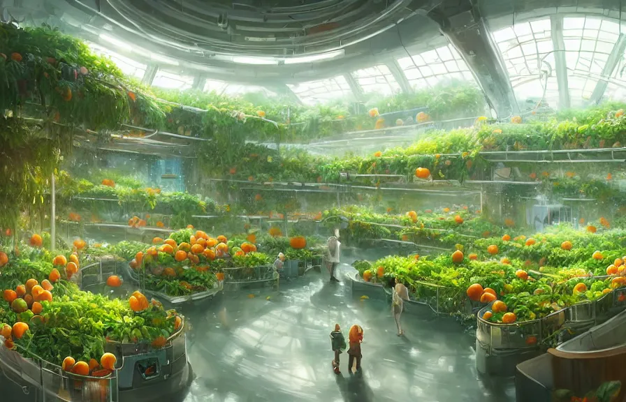 Prompt: concept art of a lush indoor hydroponics lab in a far - future utopian city, apples oranges pears fruit, key visual, ambient lighting, highly detailed, digital painting, artstation, concept art, sharp focus, by makoto shinkai and akihiko yoshida and hidari and wlop