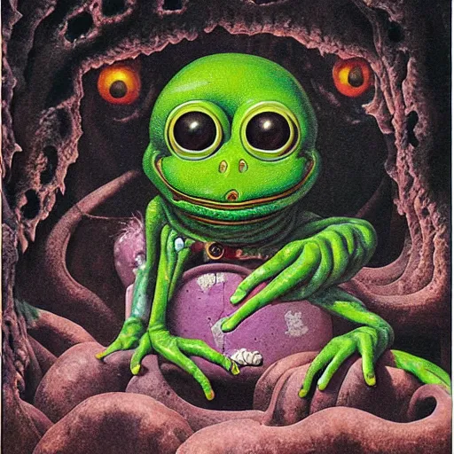 Prompt: a hyperrealistic painting of spooky pepe the frog abducted by portals and aliens in backrooms, random cows, cinematic horror by chris cunningham, lisa frank, richard corben, highly detailed, vivid color, beksinski painting, part by adrian ghenie and gerhard richter. art by takato yamamoto. masterpiece