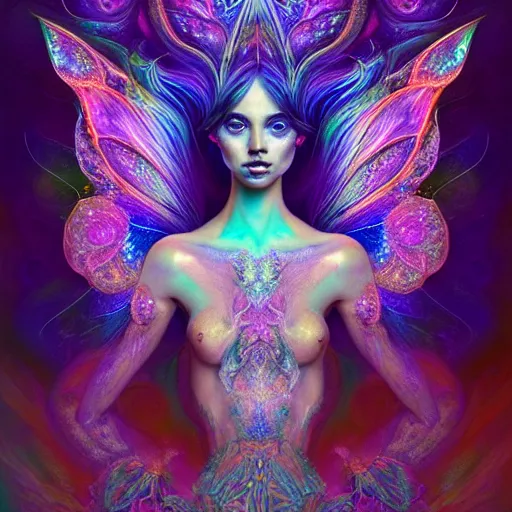 Image similar to An extremely psychedelic crystalline soul fairy, multifaceted, crystals, surreal, dramatic lighting, magic mushrooms, psilocybin, LSD, face, detailed, intricate, elegant, lithe, highly detailed, digital painting, artstation, concept art, smooth, sharp focus, illustration, art by Krenz Cushart and Artem Demura and alphonse mucha