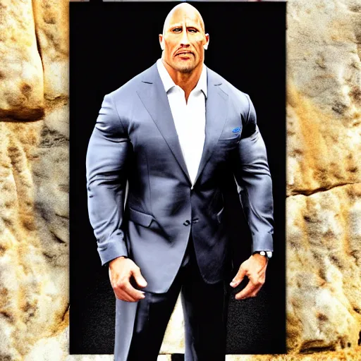 Image similar to the rock dwayne johnson with a mafia dress , photo , Hyperdetailed