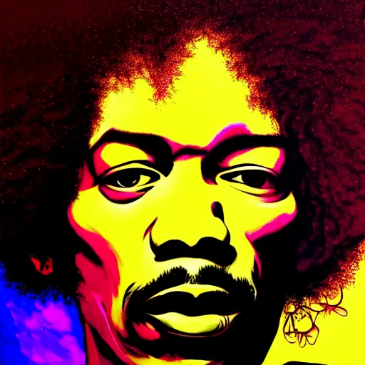 Prompt: portrait of jimi hendrix, extremely psychedelic, surreal, dramatic lighting, detailed, intricate, highly detailed, digital painting, artstation, concept art, smooth, sharp focus, illustration