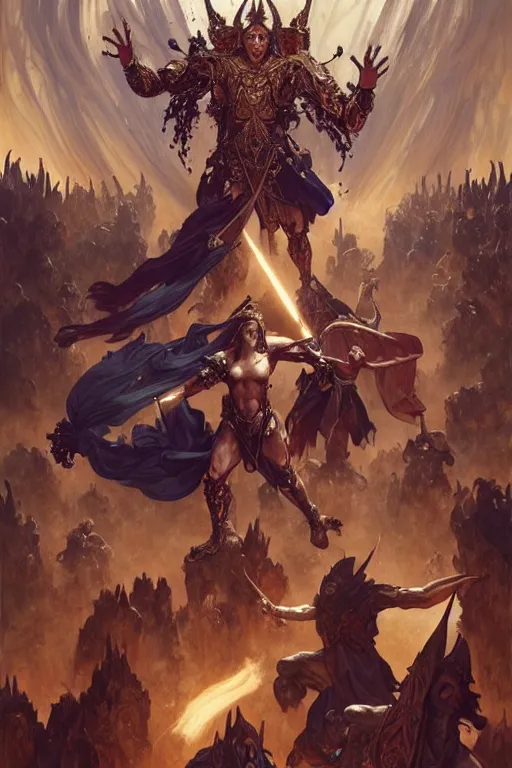 Image similar to epic battle between human warriors mages and demons, cathedrals and abbeys, fullbody!! dynamic action pose, religious, intricate, elegant, highly detailed, digital painting, artstation, concept art, smooth, sharp focus, illustration, art by artgerm and greg rutkowski and alphonse mucha