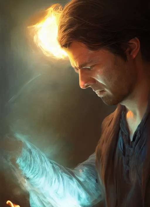 Prompt: side profile of a man with long black hair in brown rags holding a glowing device, fantasy, digital painting, volumetric light, intricate, sharp, focus, bloom, illustration, highly detailed, concept art, matte, ruan jia, randy vargas, greg rutkowski