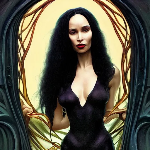 Prompt: zoe kravitz as morticia addams, masterpiece, intricate, elegant, highly detailed, digital painting, artstation, concept art, smooth, sharp focus, illustration, art by artgerm and greg rutkowski and alphonse mucha and uang guangjian and gil elvgren and sachin teng, symmetry!!