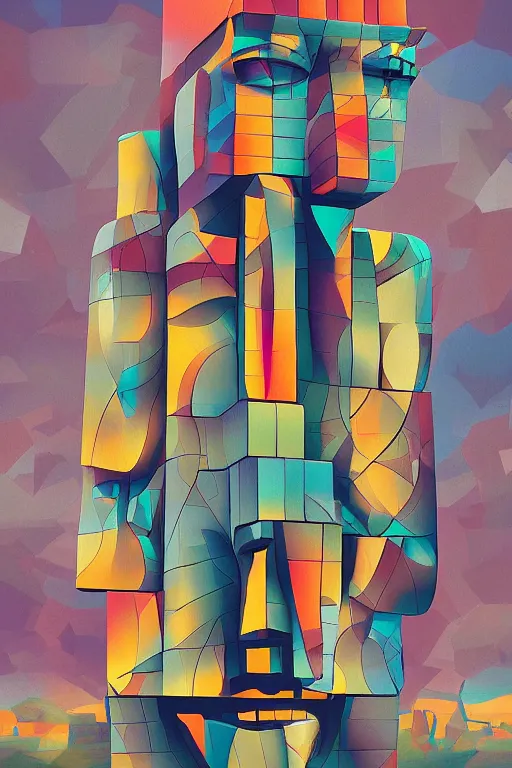 Image similar to cubist moai statue cutout digital illustration cartoon colorful beeple