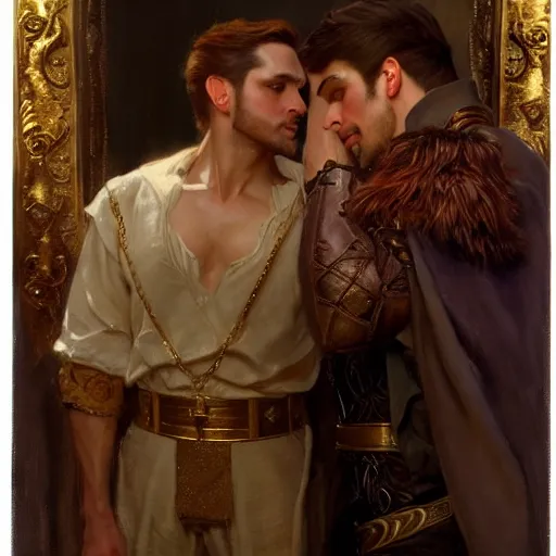 Image similar to attractive fully clothed king confesses his love for his attractive fully clothed male prince. highly detailed painting by gaston bussiere, craig mullins, j. c. leyendecker 8 k