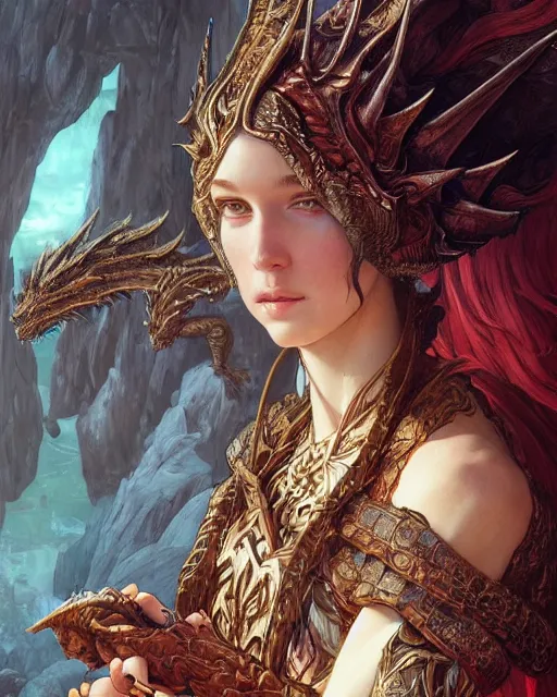 Image similar to Portrait of a dragon person, HD, illustration, epic, D&D, fantasy, intricate, elegant, highly detailed, digital painting, artstation, concept art, smooth, sharp focus, illustration, art by artgerm and greg rutkowski and alphonse mucha, monster hunter illustrations art book