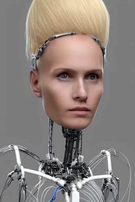 Image similar to robot with human face, female head, full body angle, woman human face, human face realistic, beautiful blonde hair, human head, human head with blonde hair, blonde hair human head, blonde hair, human realistic face, human head skin, cyborg frame concept, cyborg by ales-kotnik, sci-fi android female, the body is made of wires, robotic body, cyborg body, cyborg bust body, robot body cyborg, full body