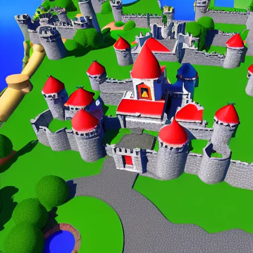 Prompt: 3D Mario 64 castle aerial view, 4k, sunny day
