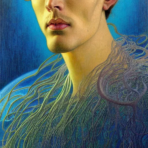 Image similar to realistic extremely detailed portrait painting of an average man ,futuristic , by Jean Delville, Amano, Yves Tanguy, Alphonse Mucha, Ernst Haeckel, Edward Robert Hughes, Roger Dean, rich moody colours, blue eyes