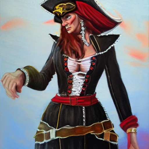 Prompt: detailed full body concept pastel painting of a female pirate in beautifully designed clothing