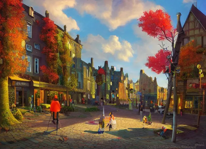 Image similar to dublin townsquare, summer morning, very coherent and colorful high contrast, art by gediminas pranckevicius, dark shadows, hard lighting