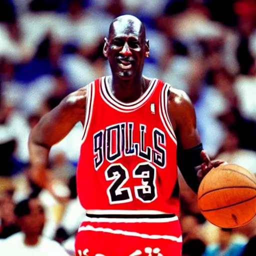 Prompt: michael jordan wearing clown hair playing basket