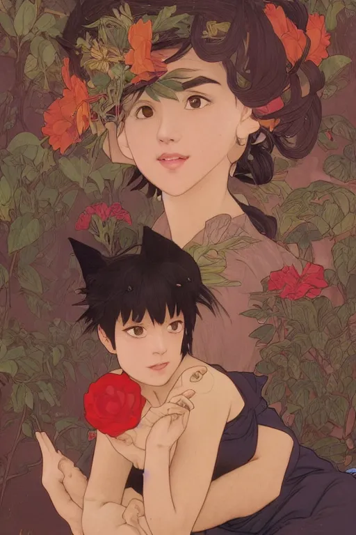 Image similar to kiki in kiki\'s delivery service in ancient java, highly detailed, digital painting, artstation, concept art, smooth, sharp focus, illustration, ArtStation, art by artgerm and greg rutkowski and alphonse mucha and J. C. Leyendecker and Edmund Blair Leighton and Katsuhiro Otomo and Geof Darrow and Phil hale and Ashley wood and Ilya repin and Charlie Bowater