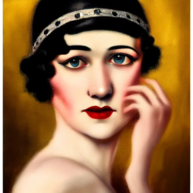 Prompt: 1 9 2 0 s woman in a flapper photo portrait, atmospheric lighting, painted, intricate, ultra detailed, well composed, best on artstation, cgsociety, epic, stunning, gorgeous, intricate detail, wow, masterpiece, by dave dorman