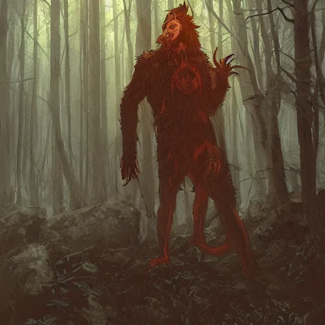 Image similar to a young fit male werewolf with long claws in a dark forest at night, by greg rutkowski and alphonse mucha, gradient brown to red, highly detailed, digital painting, artstation, concept art, smooth, sharp focus illustration