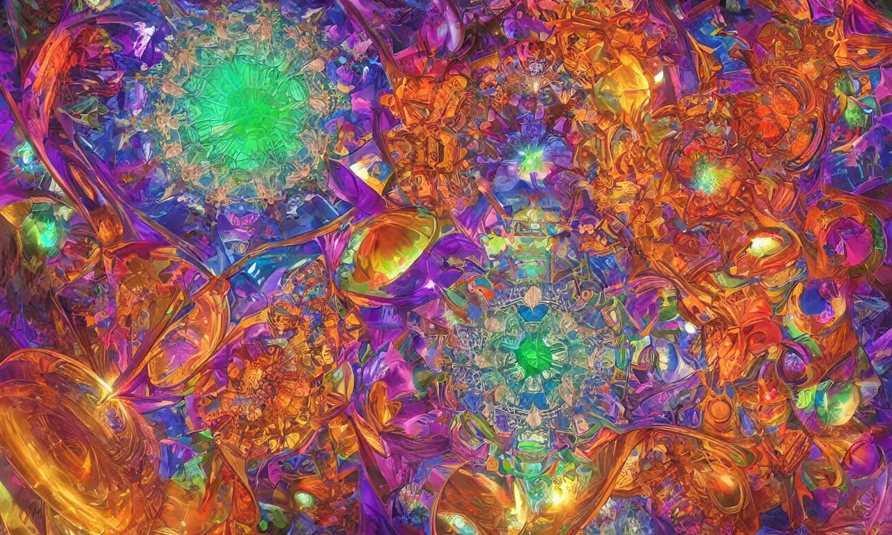 Image similar to voronoi engine laboratory 3 d volume kaleidoscope mandala fractal chakra digital multicolor stylized concept substance by artgerm, rossdraws, norman rockwell, magali villeneuve, gil elvgren, alberto vargas, earl moran, enoch bolles radiating a glowing aura global illumination ray tracing hdr