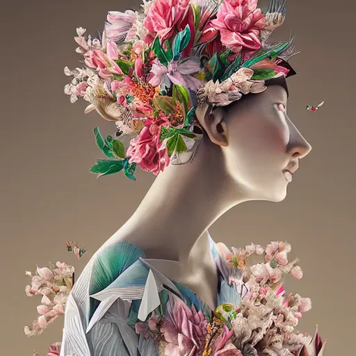 Image similar to 3 / 4 view of a beautiful girl wearing an origami dress, eye - level medium shot, fine floral ornaments in cloth and hair, hummingbirds, elegant, by eiko ishioka, givenchy, ambrosius boeschaert, by peter mohrbacher, centered, fresh colors, origami, fashion, detailed illustration, vogue, japanese, reallusion character creator