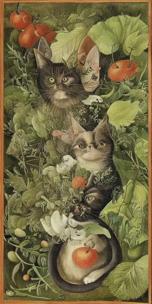 Image similar to portrait of a cat dissolving in a field of foliage, botanicals, fruit and feathers, highly detailed, fantasy art, in the style of hieronymous bosch, cartoonish, whimsical