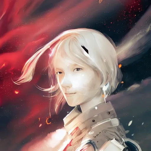 Prompt: highly detailed portrait of a pretty young astronaut with a wavy blonde hair, by Dustin Nguyen, Akihiko Yoshida, Greg Tocchini, Greg Rutkowski, Cliff Chiang, 4k resolution, nier:automata inspired, bravely default inspired, vibrant but dreary red, black and white color scheme!!! ((Space nebula background))