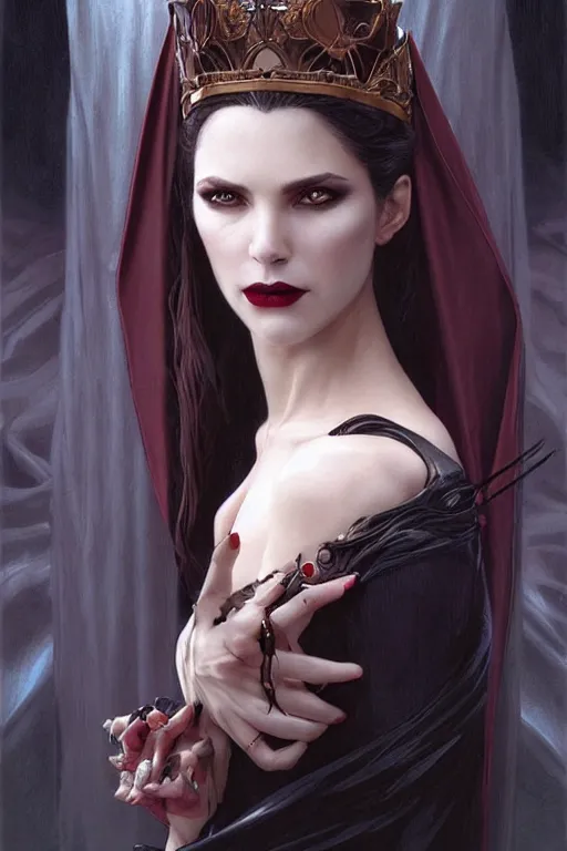 Image similar to portrait of a queen vampire, dark, piercing eyes, gentle expression, elegant clothing, photorealistic, highly detailed, artstation, smooth, sharp focus, art by michael whelan, artgerm, greg rutkowski and alphonse mucha