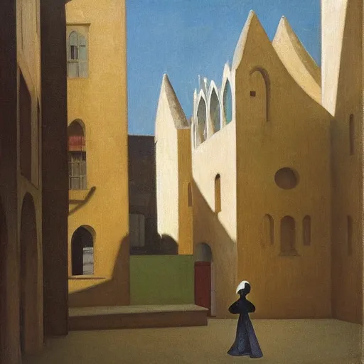 Image similar to in the distance, a little girl with short black hair and wearing a yellow coat alone in the inner courtyard of an abbey, the light is bright and wintry, painting by hopper and de chirico