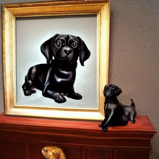 Image similar to photo of black pugalier dog sculpture, by caravaggio, immense detail