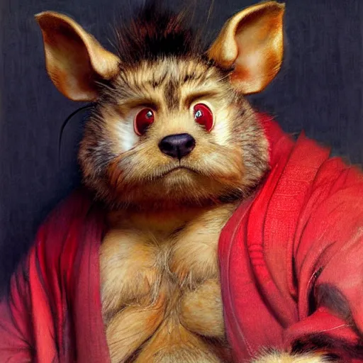 Prompt: a portrait of a splinter hamato yoshi wearing a red kimono, hairy, feet, tail. highly detailed painting by gaston bussiere, craig mullins, j. c. leyendecker, furry