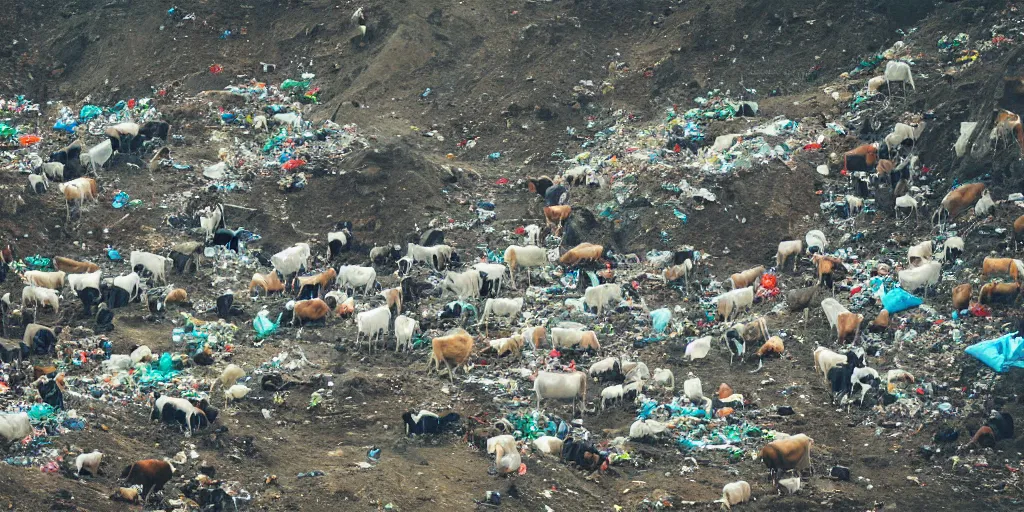 Prompt: herd of cows grazing on a plastic garbage trash rubbish mountainside dump in Indonesia, photorealistic octane render, masterpiece