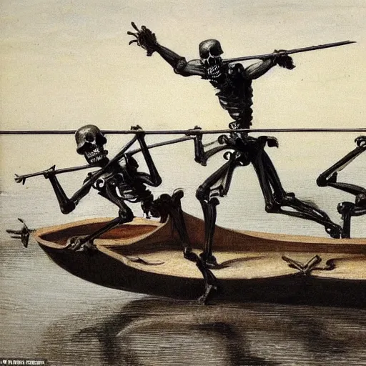 Image similar to action scene : an army of skeletons rising from the warter, climbiong on top of a rowing boat on which two suited gentleman stand. one of the gentleman raises his arm, channeling a blinging light, by alfred stevens, charcoal