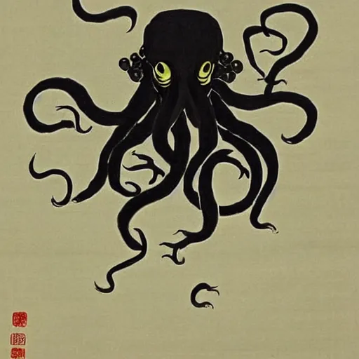 Image similar to cthulhu by qi baishi, chinese traditional painting