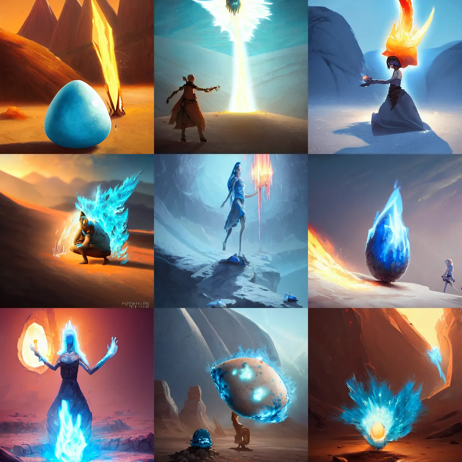 Prompt: sharp icy crystall as a magical egg emit a tall blue energy flame, hot desert around, peter morbacher style, greg rutkowski