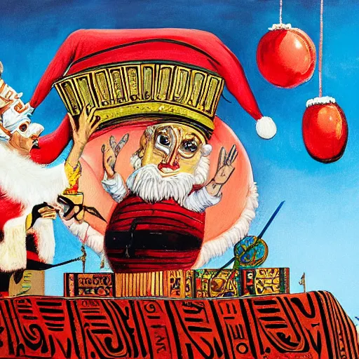 Prompt: a detailed painting of rameses ii slapping santa claus by gerald scarfe and ralph steadman