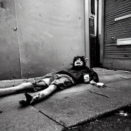Prompt: a candid photograph, street photography, gritty, taken by a passerby of Ronald McDonald passed out drunk in an alleyway. He's unconscious and their are beer bottle knocked over beside him. It's raining, the ally has a dumpster next to him