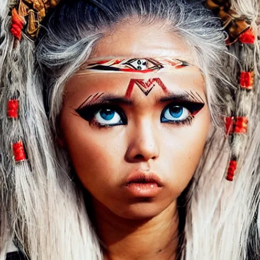 Image similar to hot tribal warrior cute girl big eyes pouty lips tanned skin white hair