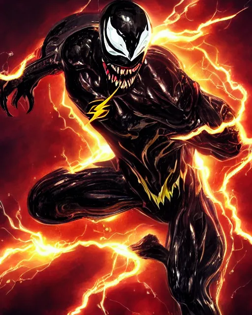 Image similar to venom as the flash, dynamic lighting, fantasy concept art, trending on art station, stunning visuals, creative, cinematic, ultra detailed, comic strip style