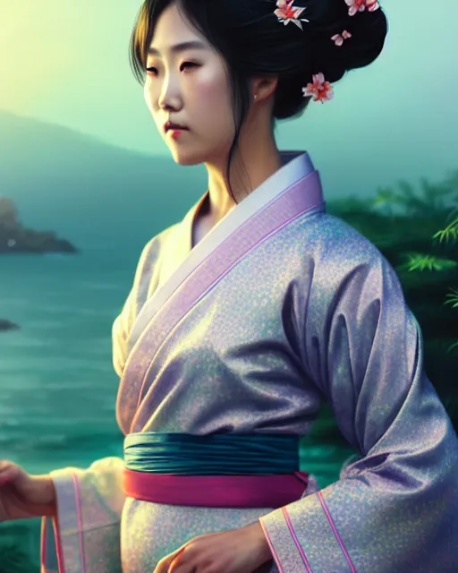 Image similar to a beautiful okinawa girl wear elegant yukata in festival | | summer night, realistic shaded, pleasant face, good looking, fine details, 4 k realistic, cryengine, realistic shaded lighting poster by greg rutkowski, magali villeneuve, artgerm, jeremy lipkin and michael garmash and rob rey