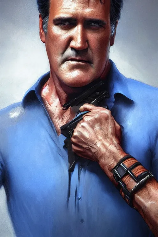 Prompt: Bruce Campbell in a blue bloody shirt with a double-barreled shotgun on his shoulder, the inscription Ash is gaining neck on top, innocent, intricate, elegant, highly detailed, digital painting, artstation, concept art, smooth, sharp focus, illustration, art by artgerm and greg rutkowski and alphonse mucha