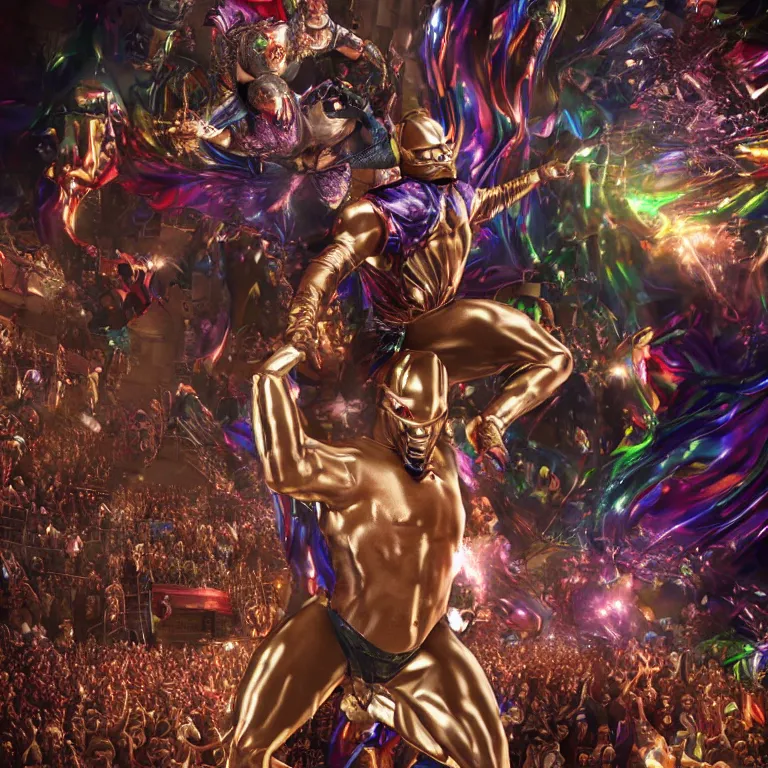 Image similar to octane render portrait by wayne barlow and carlo crivelli and glenn fabry, a giant muscular luchador wrestler wearing iridescent metallic pants and mask, leaping through the air inside a crowded rowdy arena, cinema 4 d, ray traced lighting, very short depth of field, bokeh