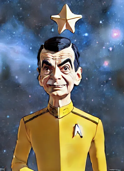 Prompt: cute star trek officer mr bean, natural lighting, path traced, highly detailed, high quality, digital painting, by don bluth and ross tran and studio ghibli and alphonse mucha, artgerm