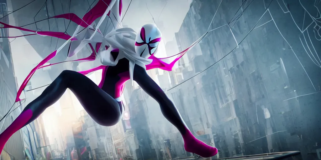 Image similar to spider gwen, real life, spotted, ultra realistic, accurate, 4 k, movie still, uhd, sharp, detailed, cinematic, render, modern