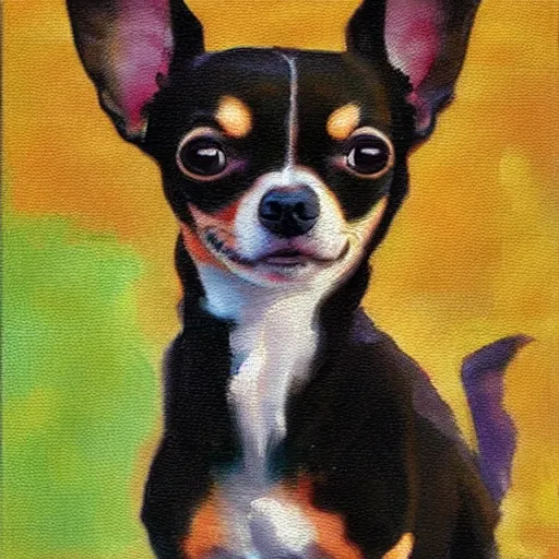 Image similar to chihuahua holding a camera, impressionist oil painting